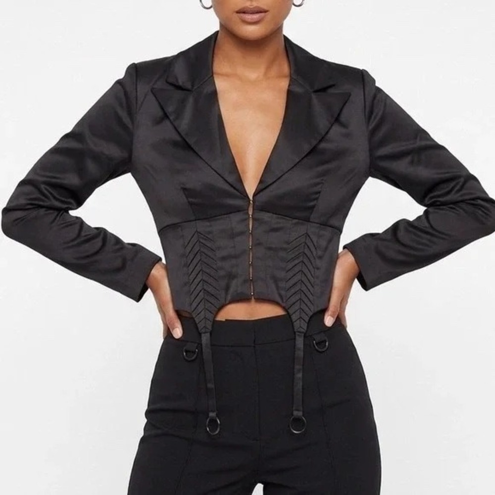 Naked Wardrobe The Statement Cropped Corset Garter Blazer Jacket Black  S